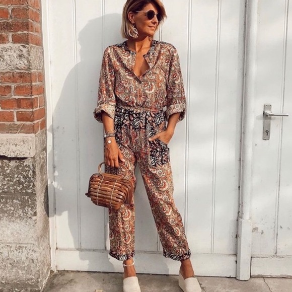 Zara Pants - Zara Jumpsuit Medium Kantha India Cottage Floral Block Print Blogger Fav